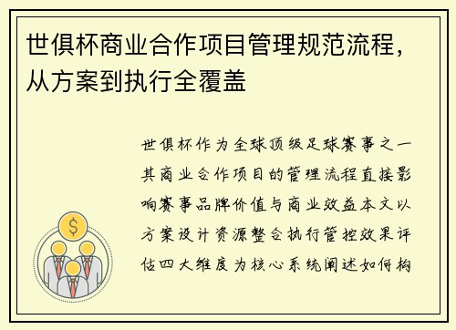 世俱杯商业合作项目管理规范流程，从方案到执行全覆盖